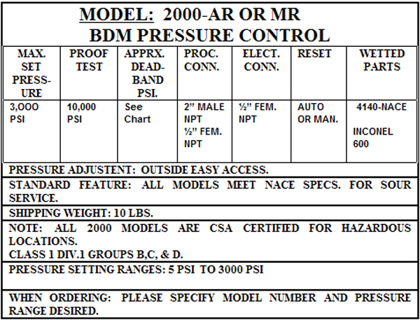 BDM model 2000 pressure control specifications.